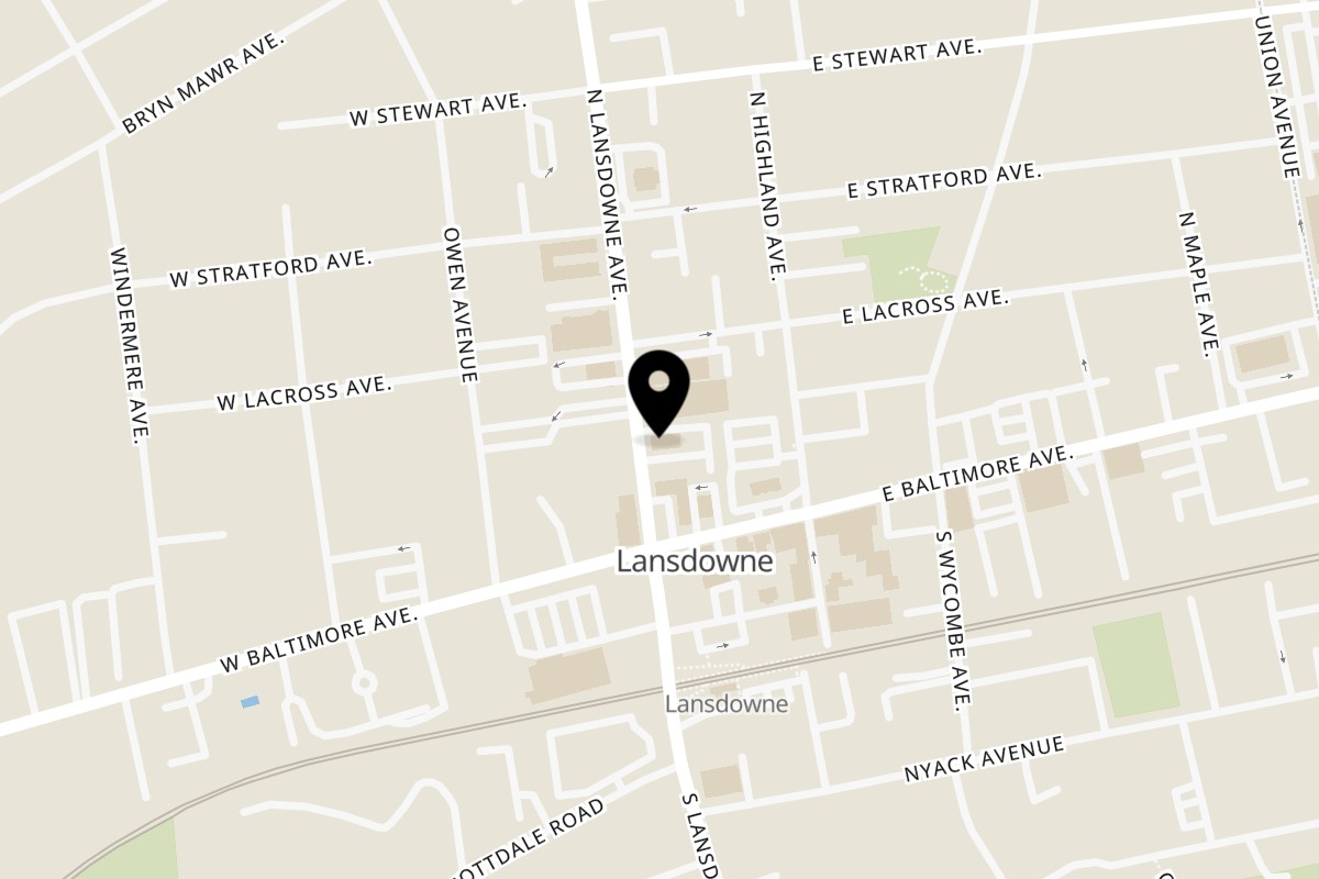 Map showing the location of CRISP CHIK'N Lansdowne on 27 N Lansdowne Ave in Lansdowne