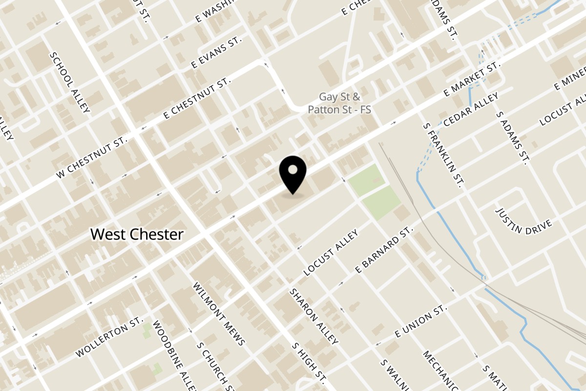 Map showing the location of CRISP CHIK'N West Chester on 124 E Market St in West Chester
